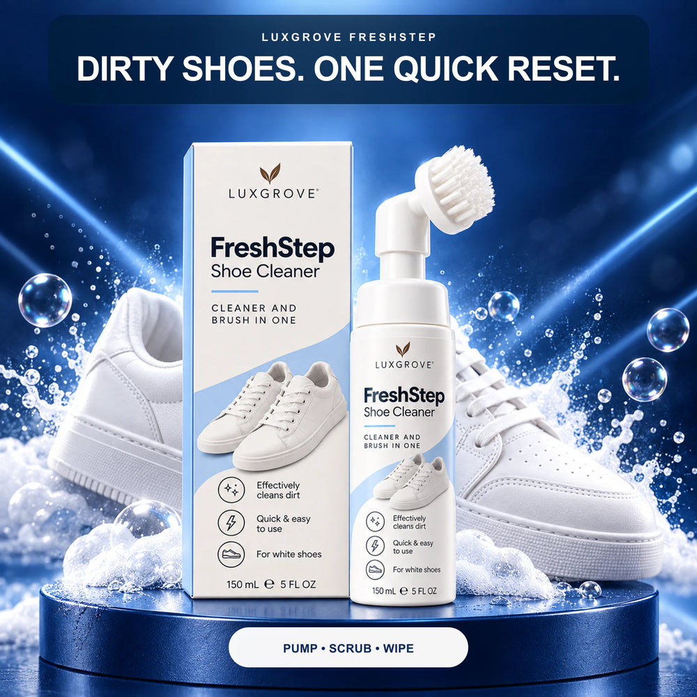 Luxgrove FreshStep Shoe Cleaner bottle and box with white sneakers