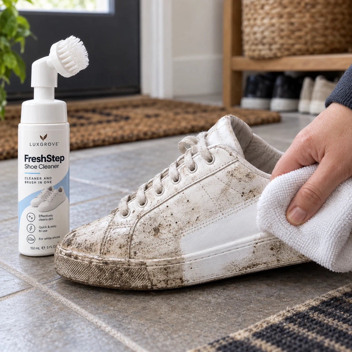 Dirty white sneaker with a freshly cleaned strip beside Luxgrove FreshStep