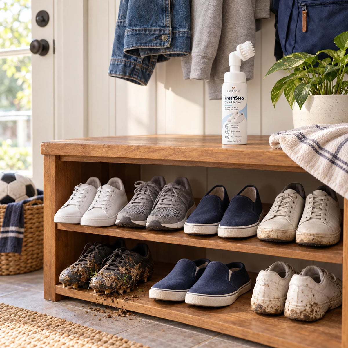 Family shoe rack with clean and dirty compatible shoes and FreshStep cleaner