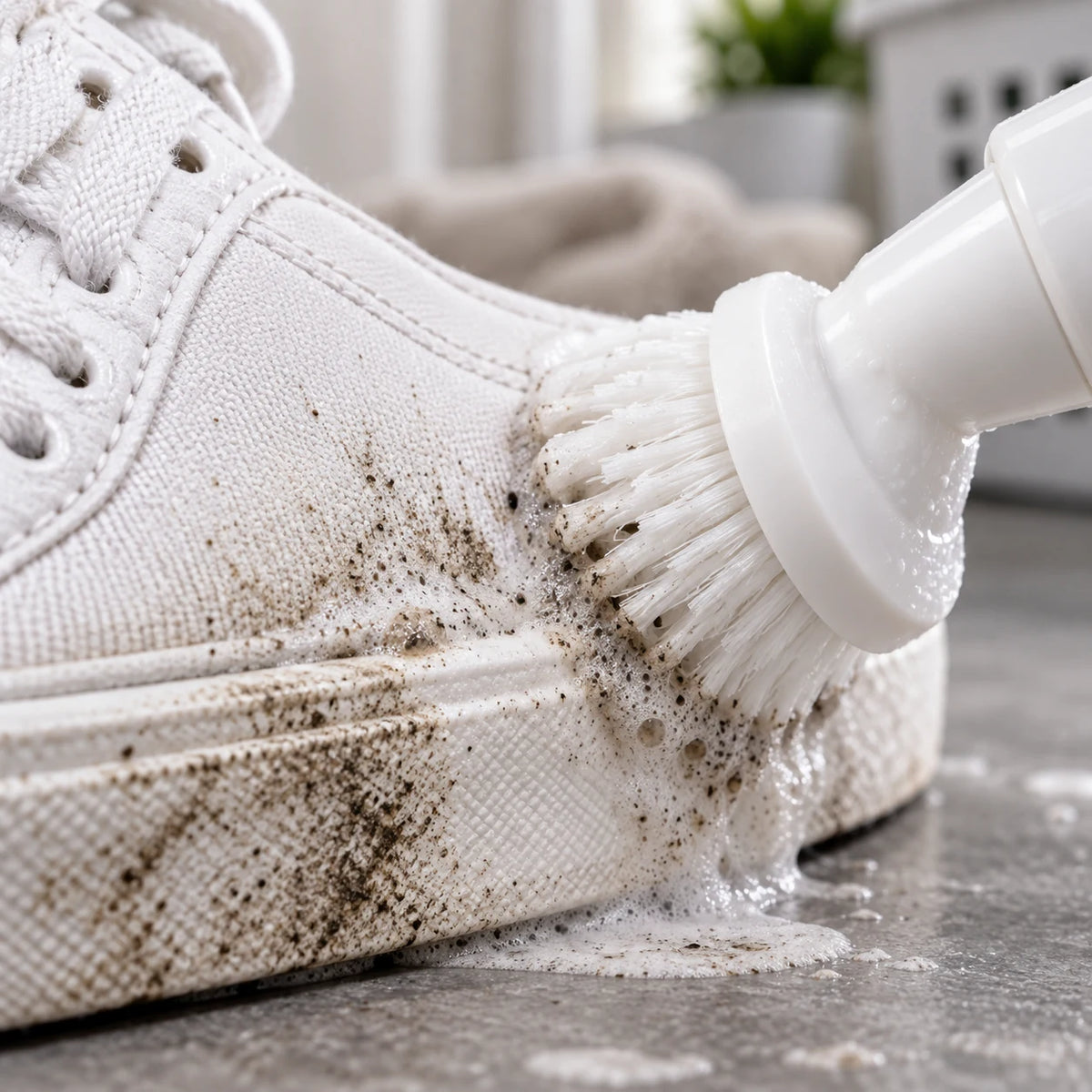 FreshStep brush lifting dark grime into foam from a white sneaker