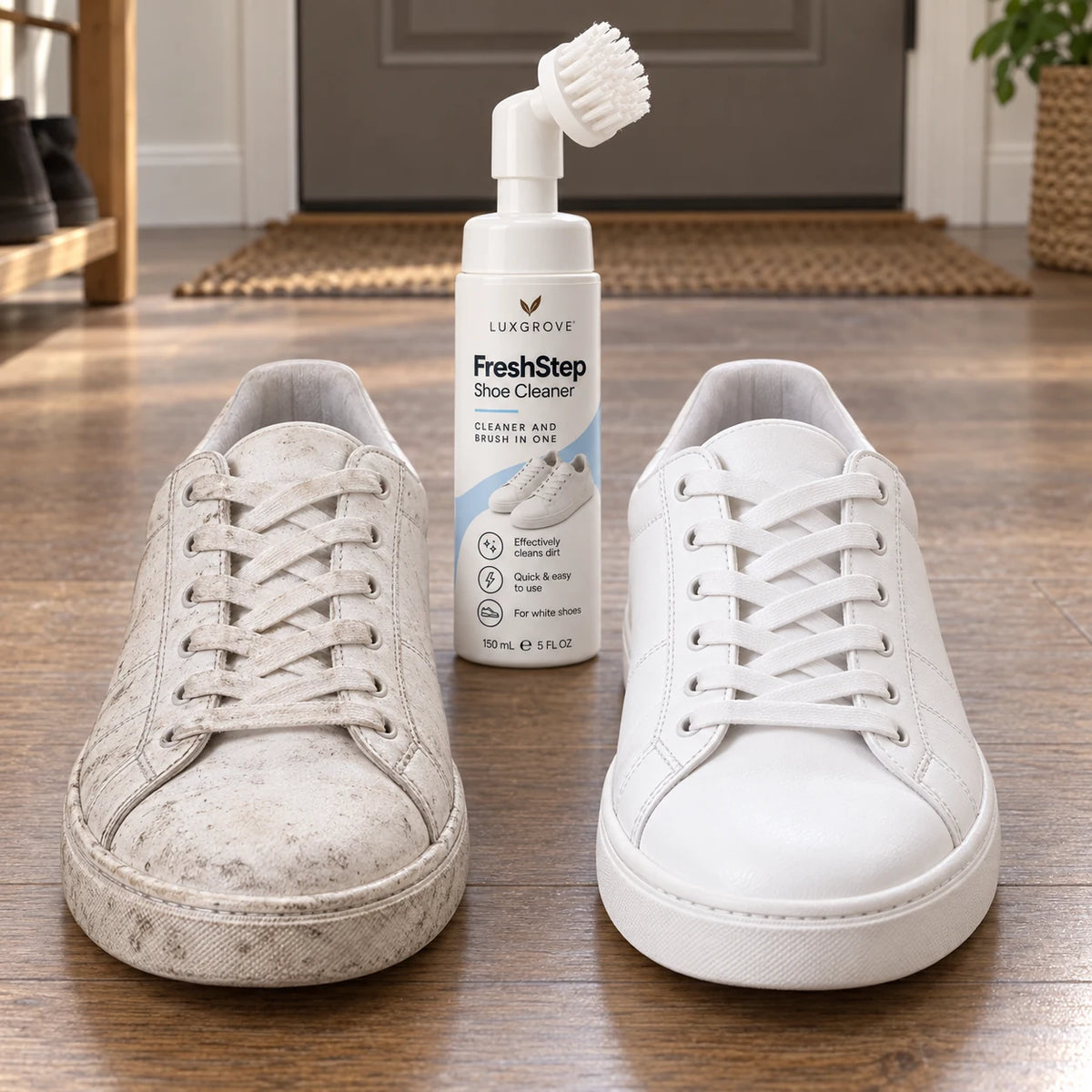 The same white sneaker pair side by side, one dirty and one freshly cleaned