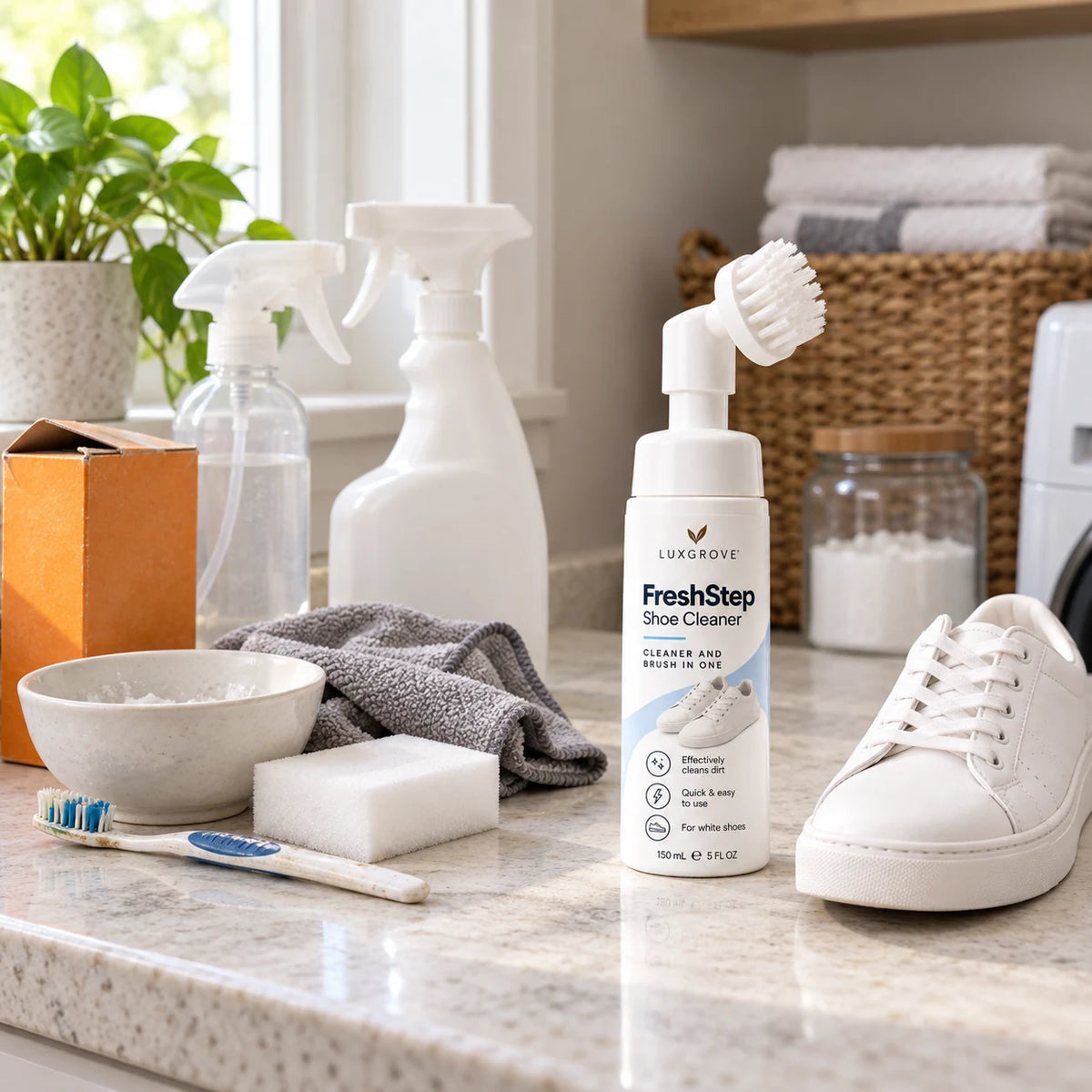 A cluttered shoe-cleaning setup beside one FreshStep bottle and a clean sneaker