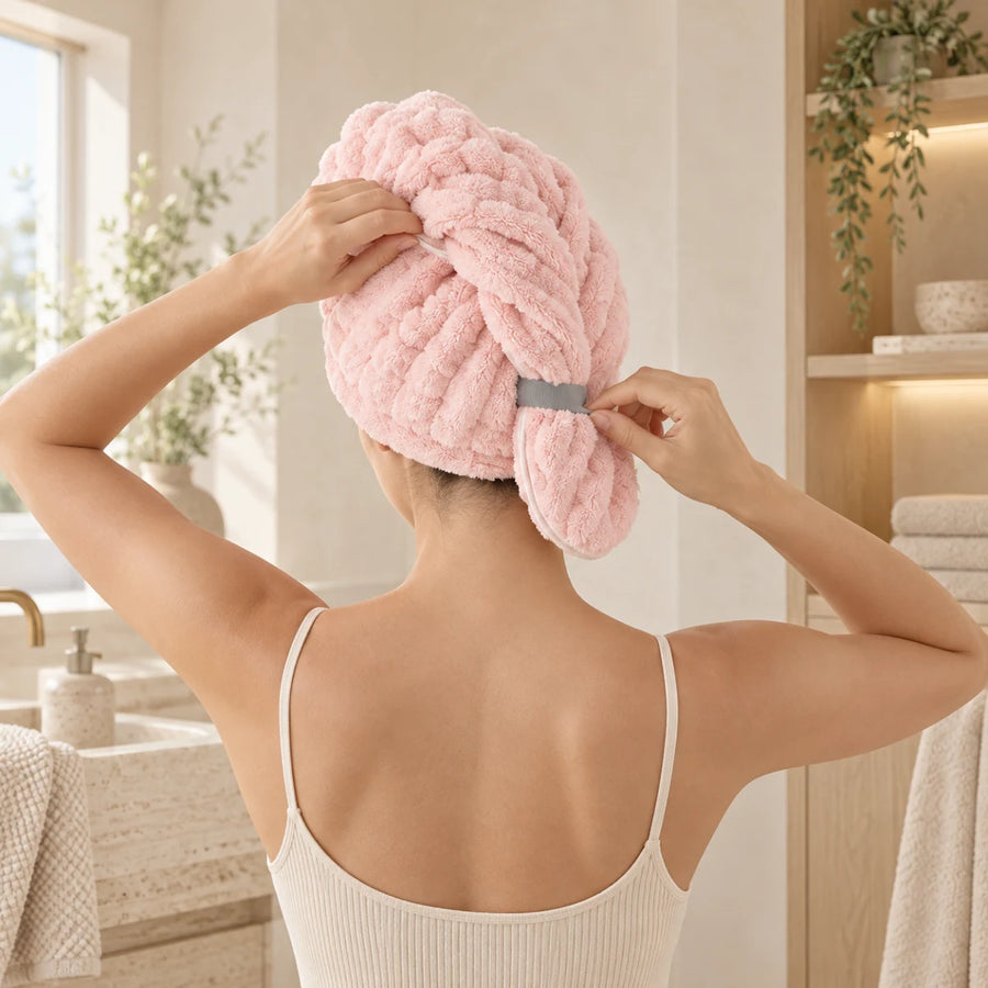 Woman fastening the dusty pink Eira hair drying wrap at the back