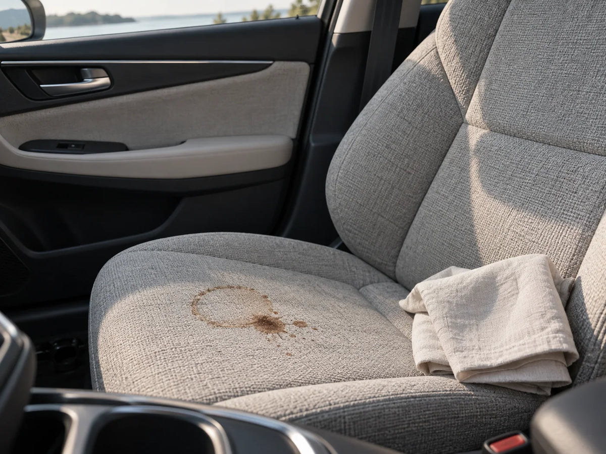 Illustrative coffee ring on a grey fabric car seat