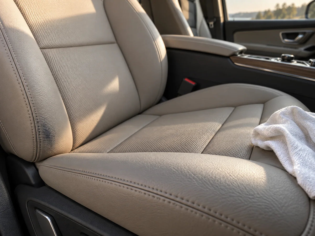 Illustrative matte light leather car seat with a folded cleaning cloth