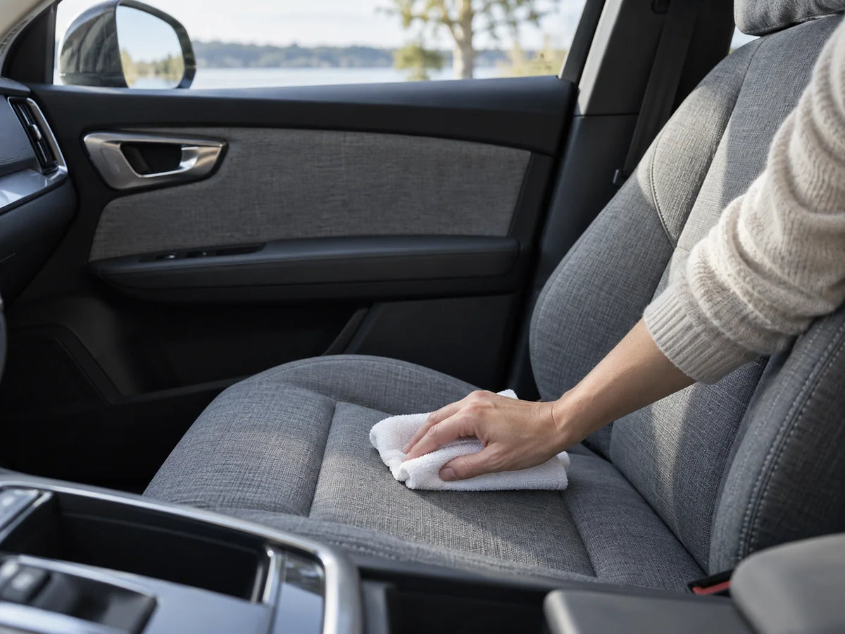 Illustrative close-up of a hand wiping a fabric car seat with a dry cloth
