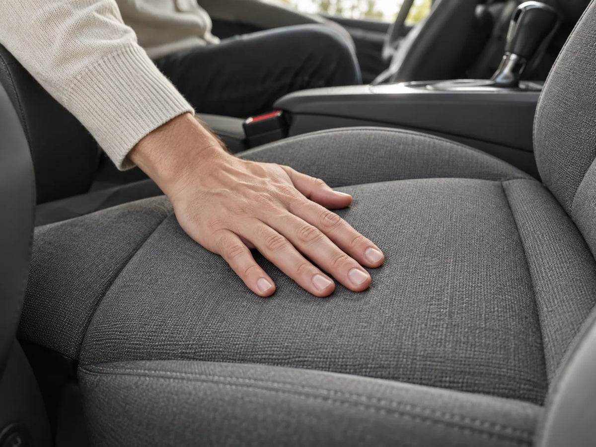 Illustrative hand checking a cleaned fabric car seat by touch