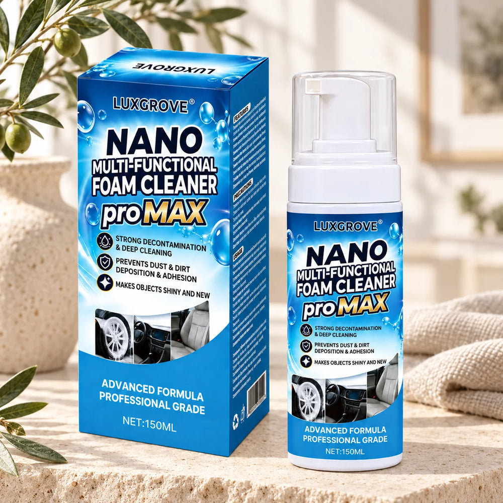 LuxGrove Revive Foam cleaner bottle and box on a neutral stone surface